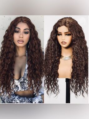Synthetic 26” Deep Brown Wavy Curly Lace Front Women’s Wig #TE7